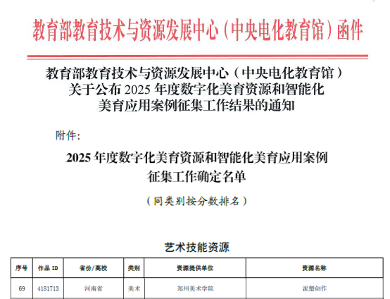 《泥塑创作》成功入选教育部2025年度数字化美育资源