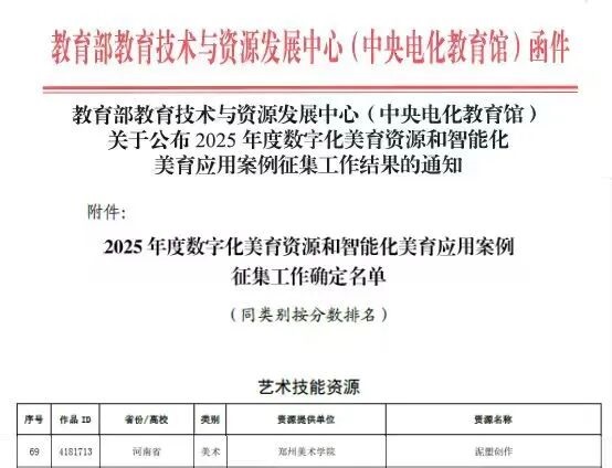 《泥塑创作》成功入选教育部2025年度数字化美育资源
